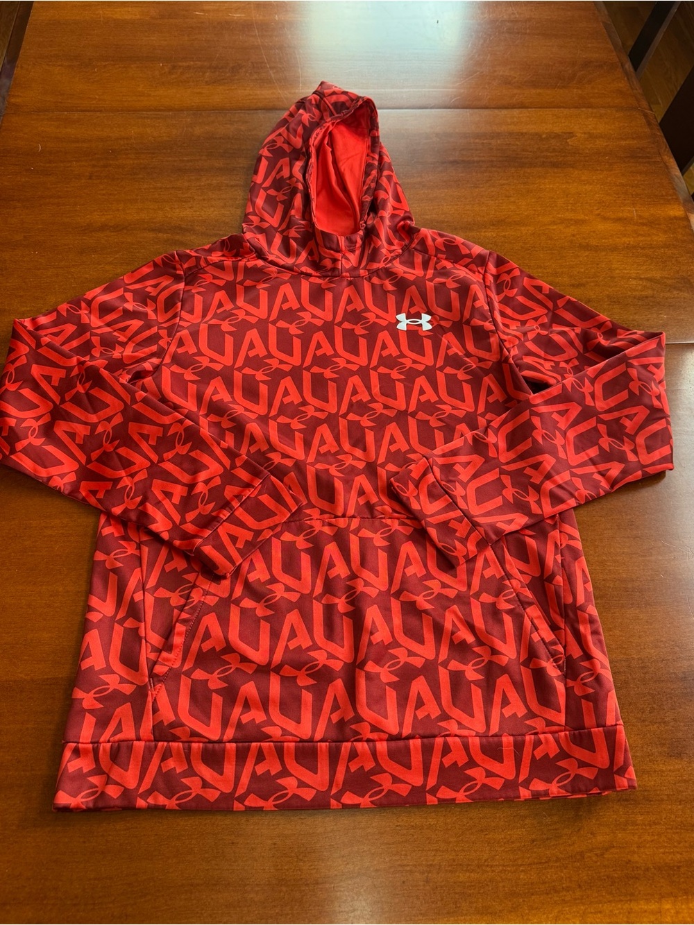 Under Armour Youth XL Red Black All Over Logo Print Pullover Hoodie